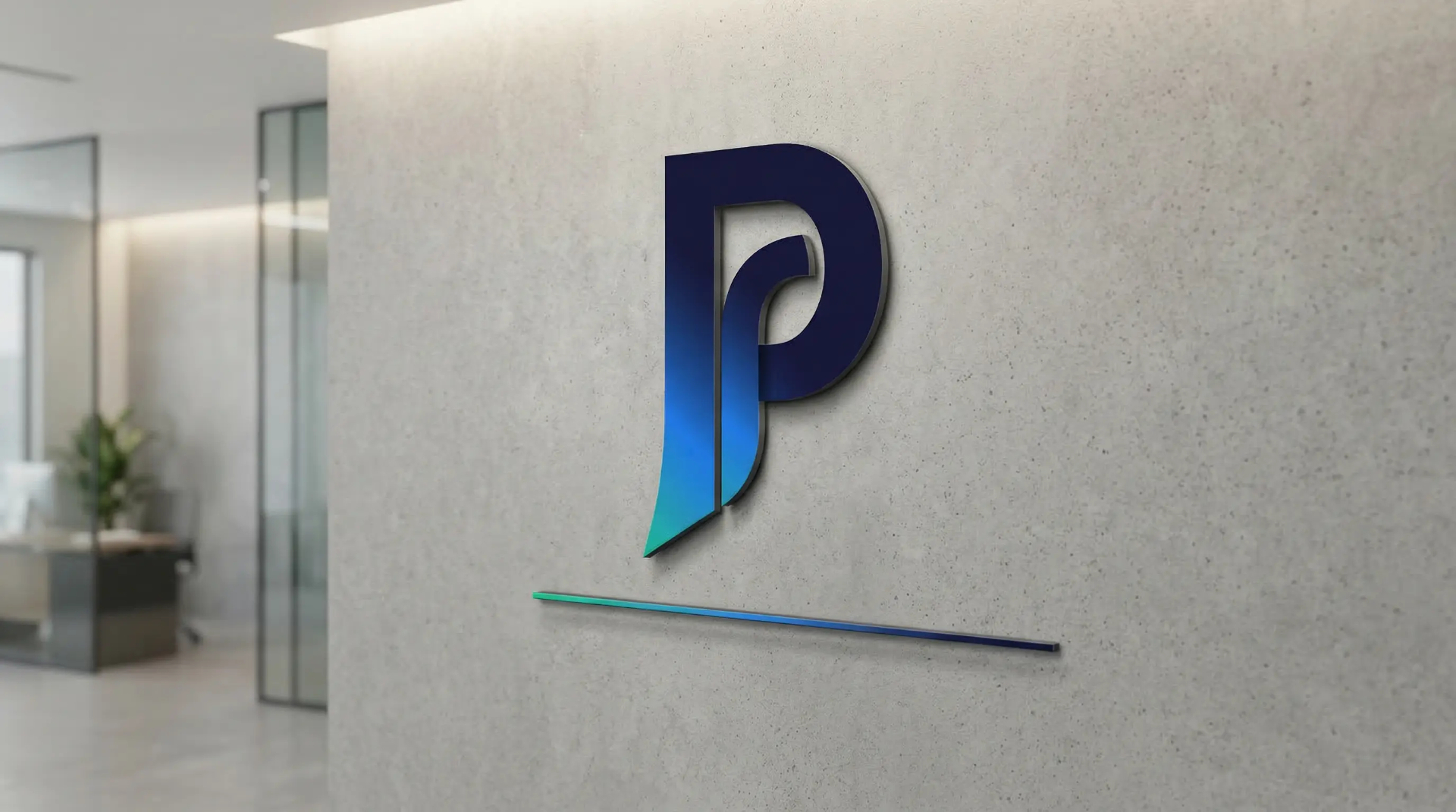 Logotipo Perfinace aplicado em parede de escritório corporativo